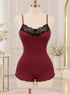 Crimson Ribbed Lace Butterfly Back Lounge Romper Sleepwear NWT Size Small